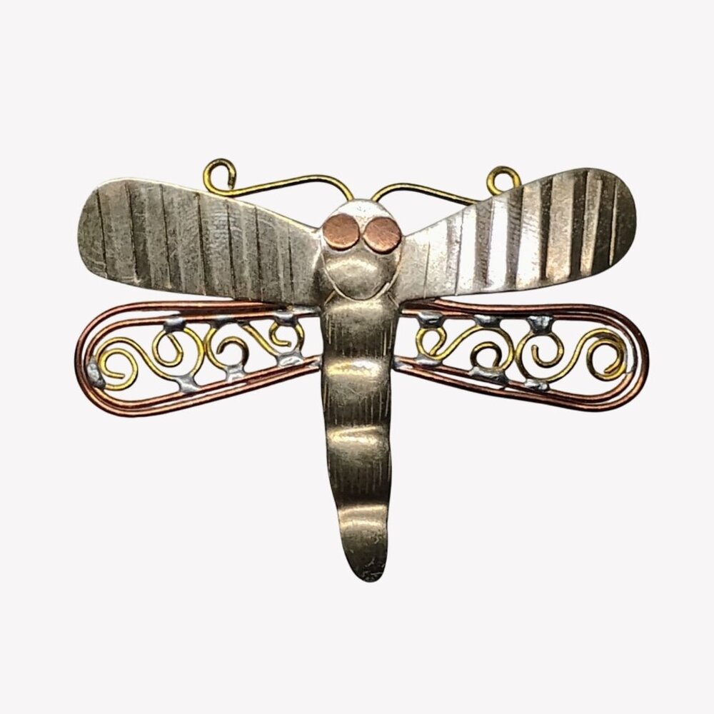 Handmade Mixed Metal Dragonfly Brooch Pin 1 3/4" x 2 3/8"